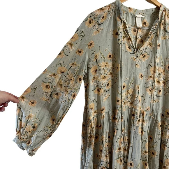 H&M Dress Size 2 Floral Sage Green Yellow Oversized Fit Long Balloon Sleeve Thin - Picture 5 of 7